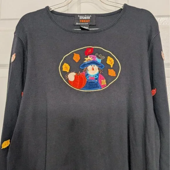 Vintage Fall Scarecrow Embroidered Shirt Womens Size Large Black Long Sleeve - Picture 2 of 11
